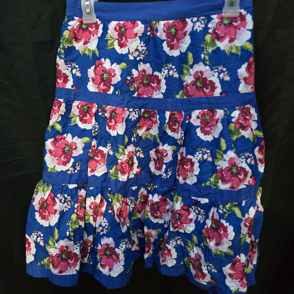 Floral Tiered A-Line Skirt - Blue with Pink Floral